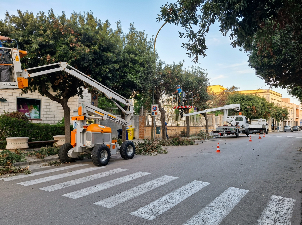 Cantiere SOLE con autocarro e piattaforme aeree durante la potatura di un viale alberato