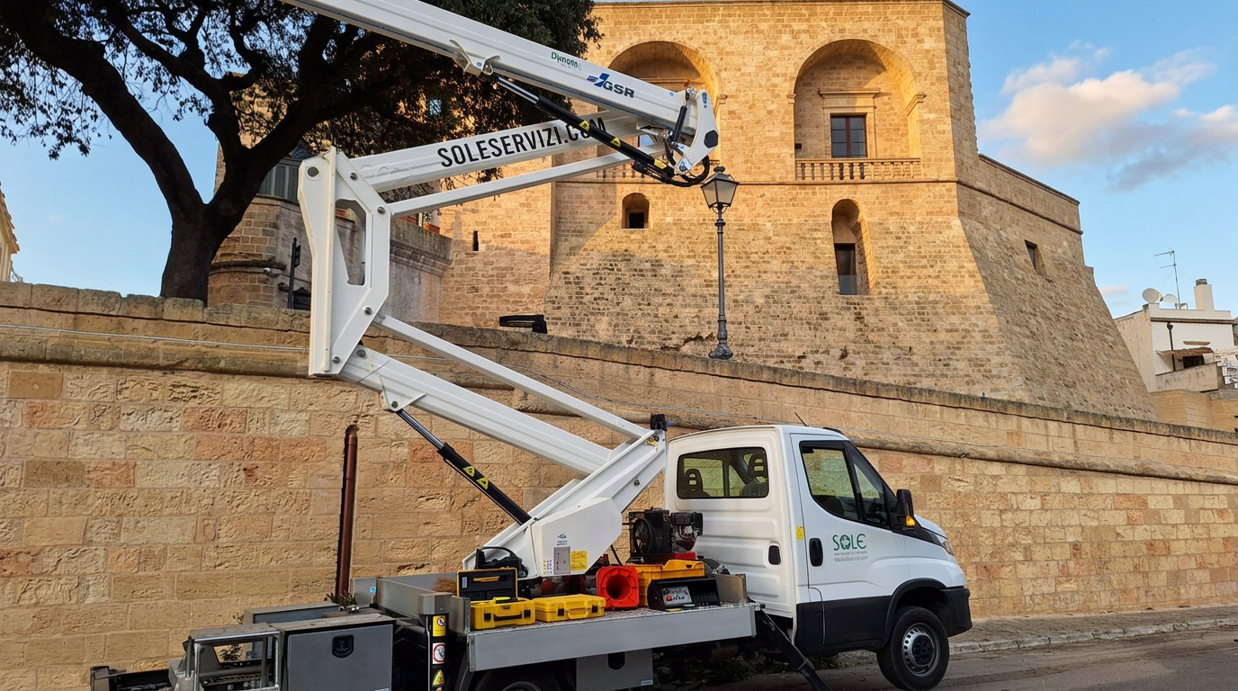 Piattaforma aerea SOLE Servizi per l'Ambiente in intervento nel centro storico in provincia di Lecce
