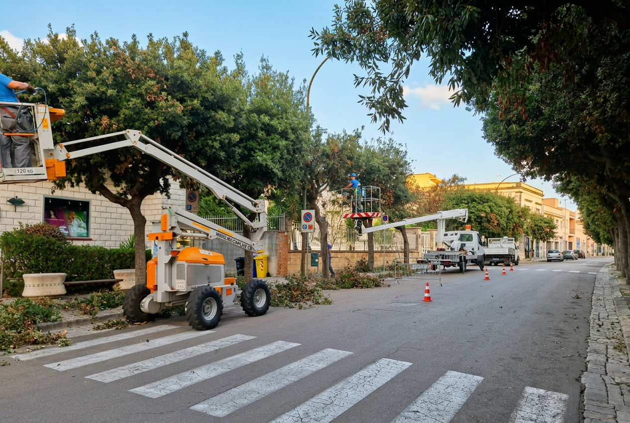 Squadra SOLE al lavoro con piattaforme aeree per la potatura di un viale alberato in provincia di Lecce